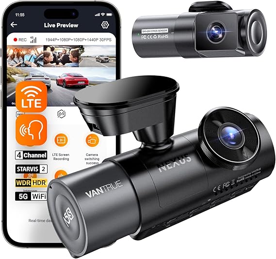 Dashcam Vantrue N2 Pro installée sur pare-brise d'une voiture